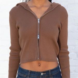 brandy melville brown zip up sweater with hood one size fits all. best fits XS-M